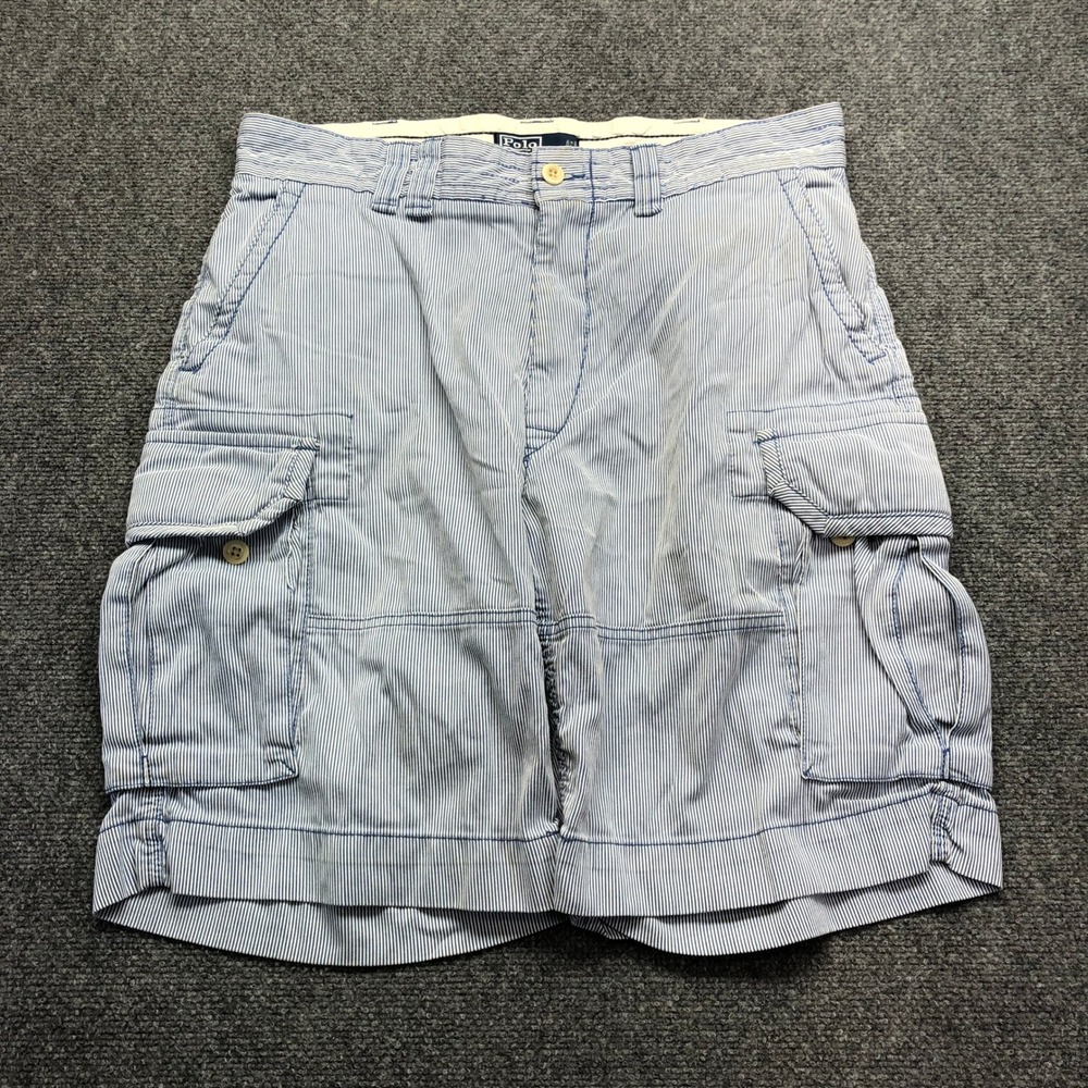 Polo Ralph Lauren Mens Blue White Hickory Stripe Seersucker Cargo Shorts 36